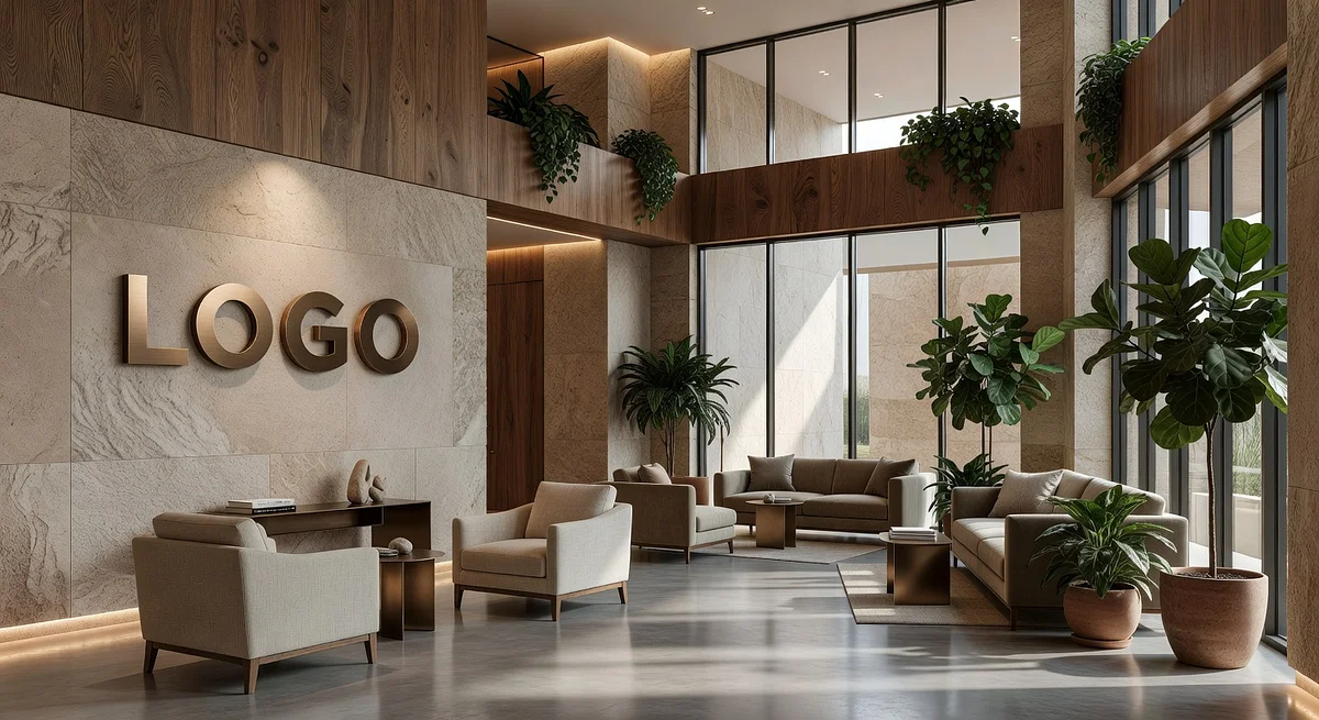 Commercial Real Estate Earthy Lobby Branded Virtual Office Background with Company Logo - Executive