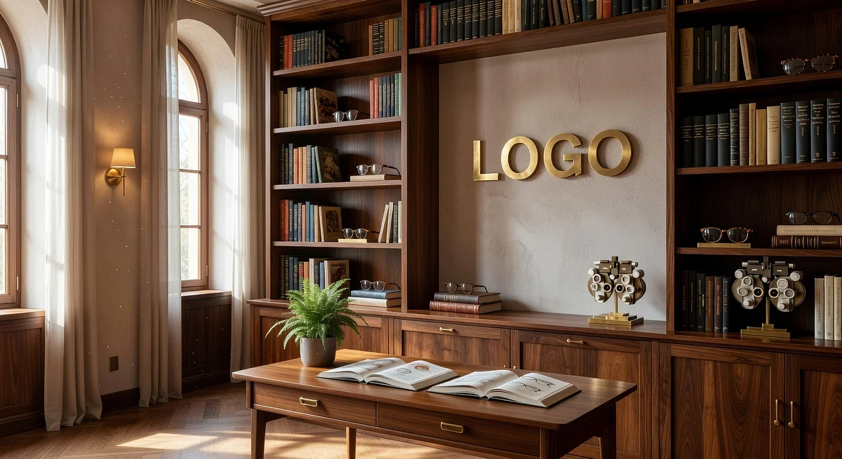 Optometrist Boutique Library Branded Virtual Office Background with Company Logo - Finance