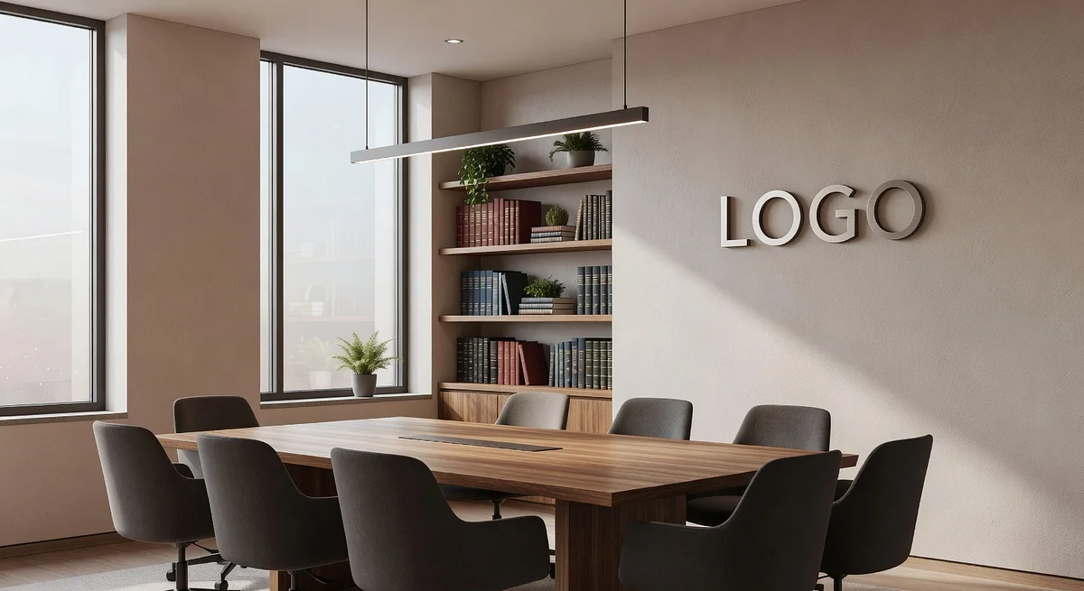 Law Firm Natural Boardroom Branded Virtual Office Background with Company Logo - Legal