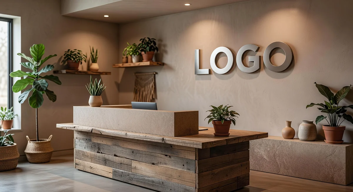 Property Management Earthy Reception Branded Virtual Office Background with Company Logo - Boardroom