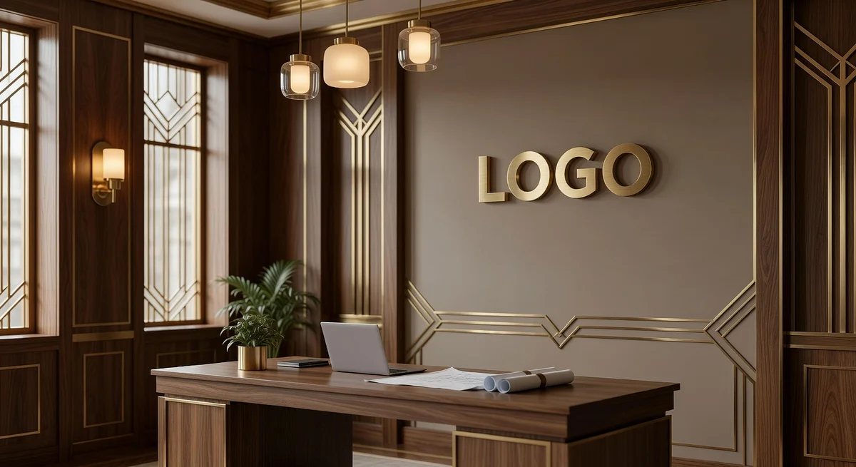 Property Management Art Deco Workspace Branded Virtual Office Background with Company Logo - Corporate