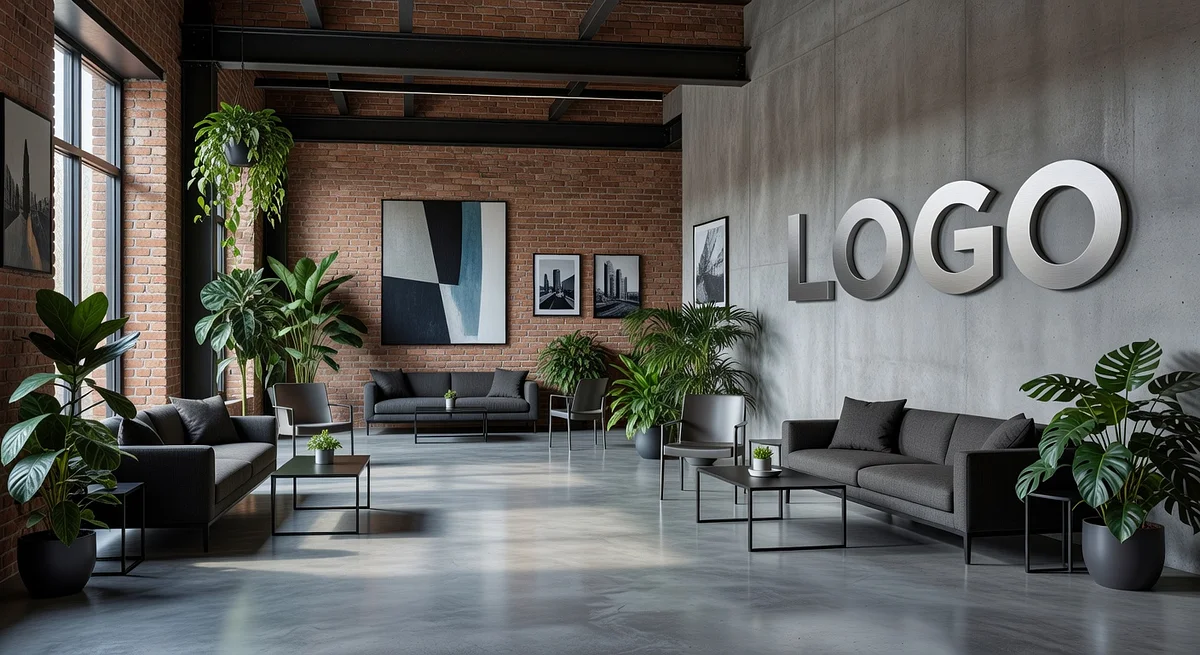 PR Agency Urban Lobby Branded Virtual Office Background with Company Logo - Corporate