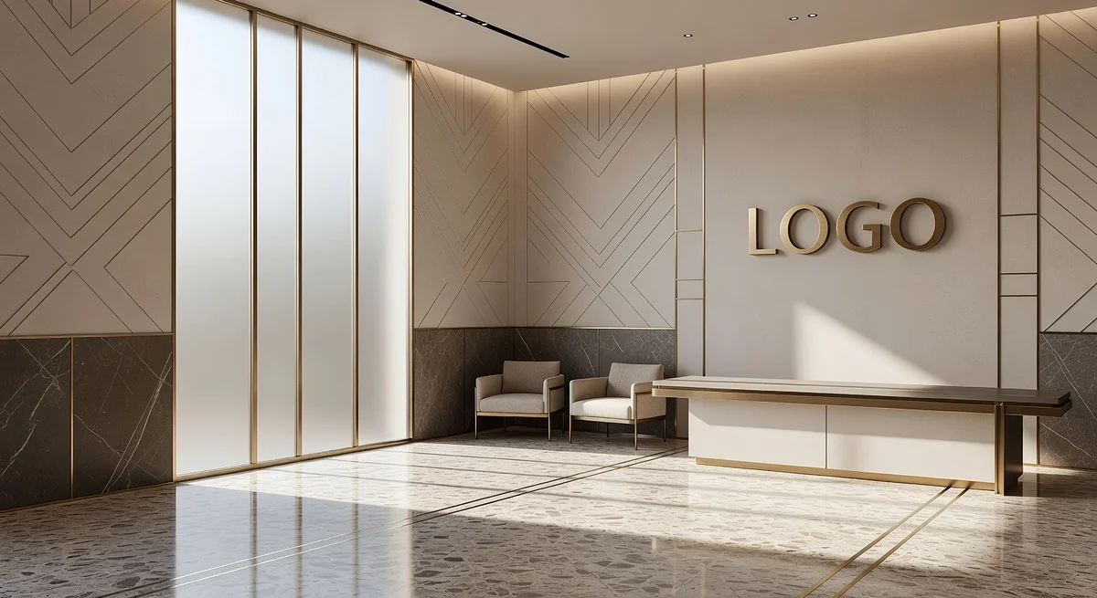 Tech Startup Art Deco Foyer Branded Virtual Office Background with Company Logo - Consulting