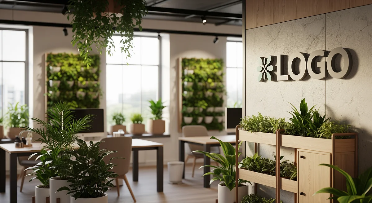 Green Office Signage Branded Virtual Office Background with Company Logo - Real Estate