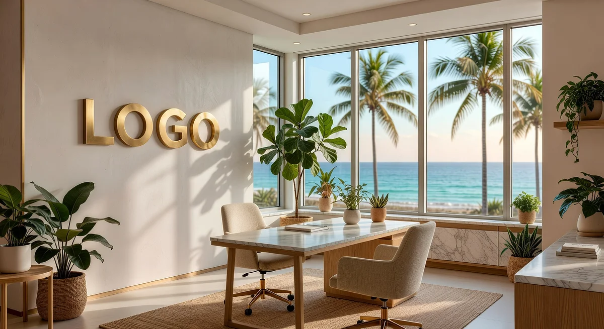 Palm Beach Property Management Biophilic Corner Office Branded Virtual Office Background with Company Logo - Elegant