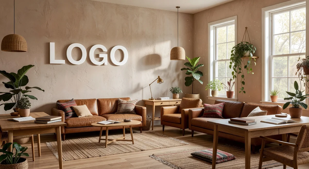 California Creative Agency Bohemian Parlor Branded Virtual Office Background with Company Logo - Real Estate