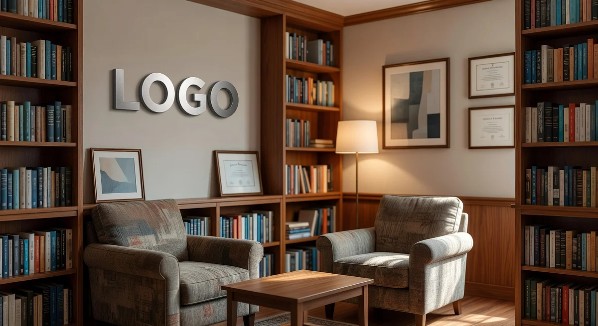 Psychologist Cozy Library Branded Virtual Office Background with Company Logo - Creative