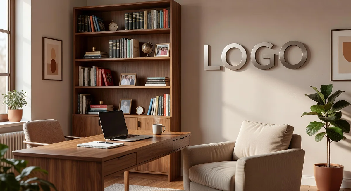 Business Coach Cozy Study Branded Virtual Office Background with Company Logo - Legal