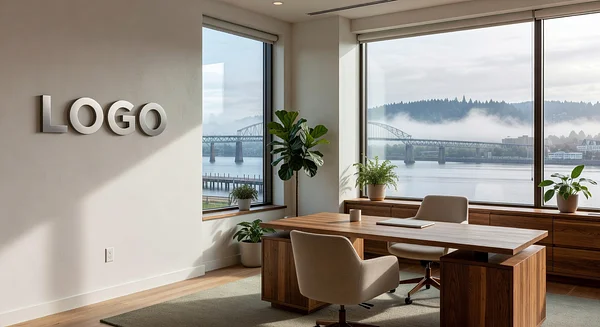 Portland PR Agency Coastal Corner Office Professional Virtual Office Background for Video Calls - Real Estate