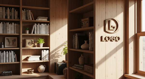 Rustic Sunlit Bookshelf Branded Virtual Office Background with Company Logo - Creative