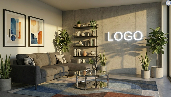 Modern Concrete Lounge Branded Virtual Office Background with Company Logo - Creative