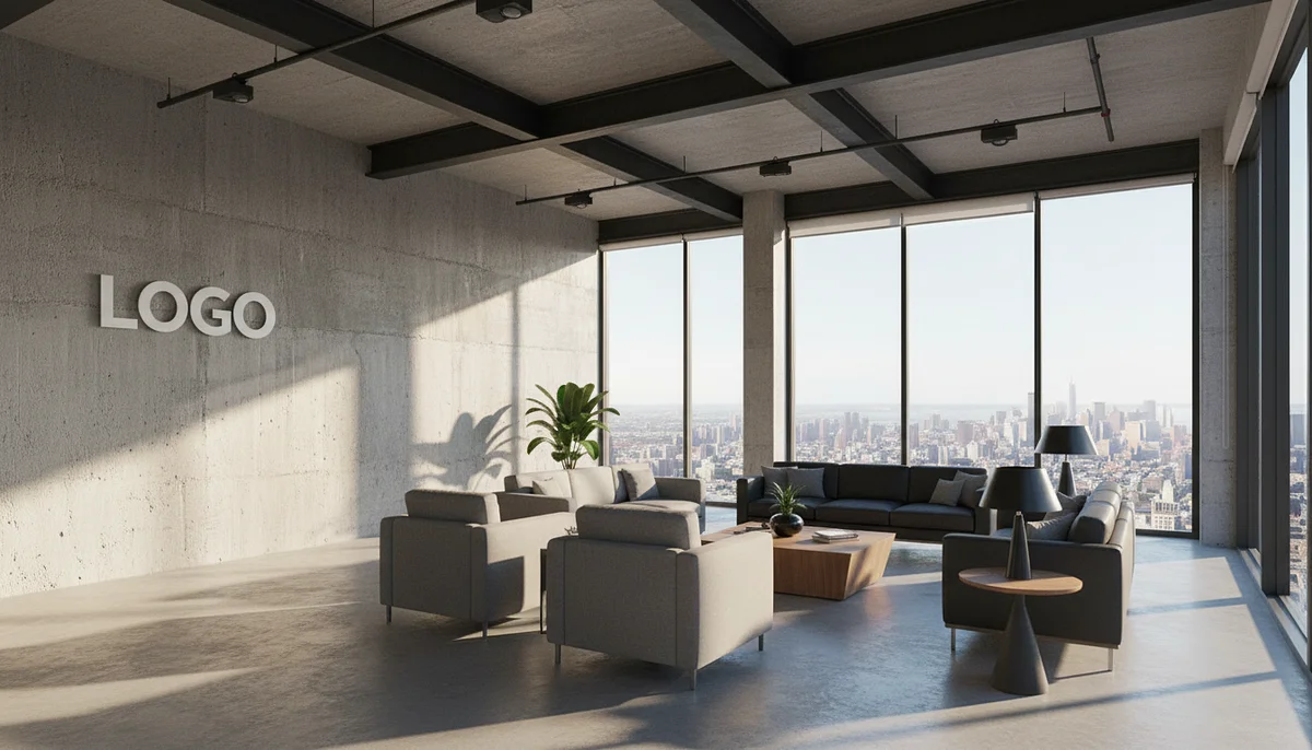 Excited Concrete View Branded Virtual Office Background with Company Logo - Creative