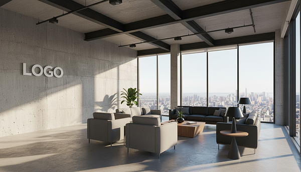 Excited Concrete View Branded Virtual Office Background with Company Logo - Creative