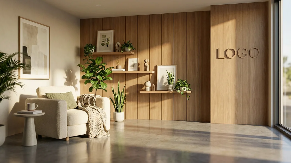 Warm Wood Studio Branded Virtual Office Background with Company Logo - Real Estate