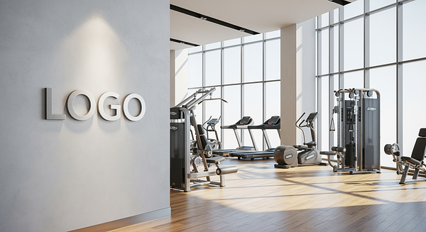 Bright Modern Gym Branded Virtual Office Background with Company Logo - Consulting