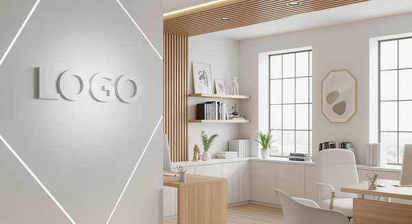 Bright Office Branded Virtual Office Background with Company Logo - Creative