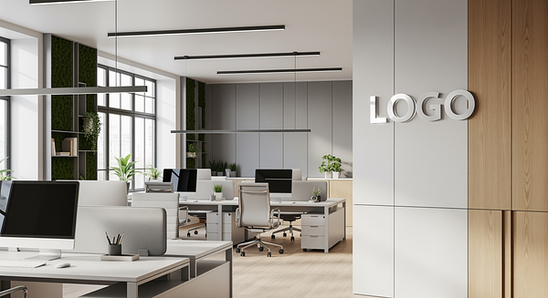 Scandinavian Tech Space Branded Virtual Office Background with Company Logo - Corporate