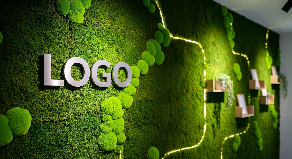 Modern Moss Wall Studio Branded Virtual Office Background with Company Logo - Creative