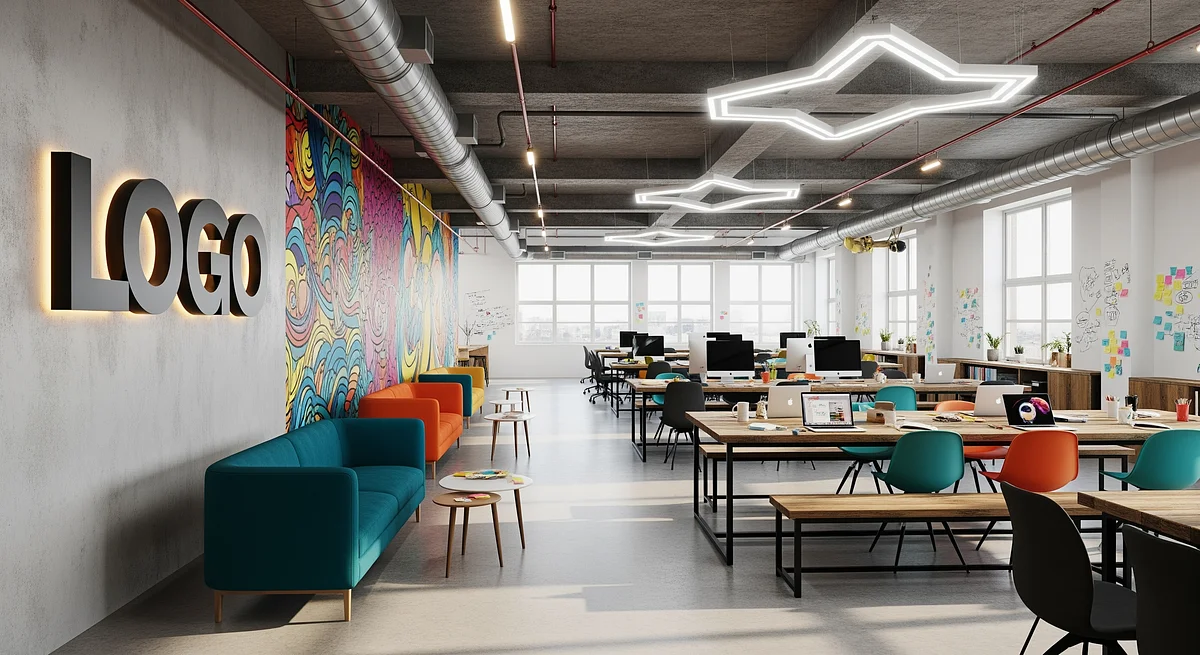 Creative Agency Vibe Branded Virtual Office Background with Company Logo - Startup