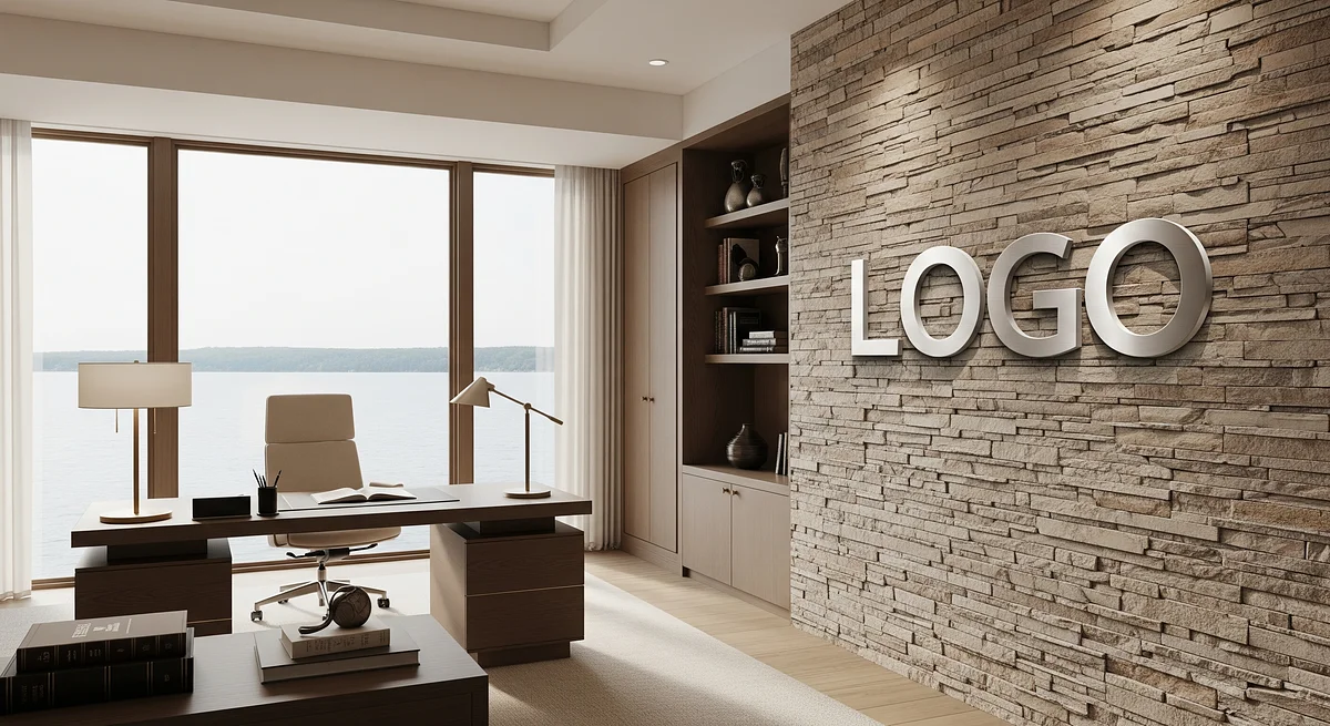 Lakeview Executive Study Branded Virtual Office Background with Company Logo - Modern