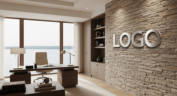 Lakeview Executive Study Branded Virtual Office Background with Company Logo - Modern