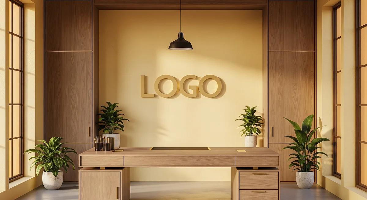 Saffron Oak Atelier Branded Virtual Office Background with Company Logo - Creative