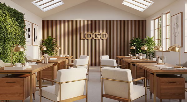 Sunlit Brass Atelier Branded Virtual Office Background with Company Logo - Creative