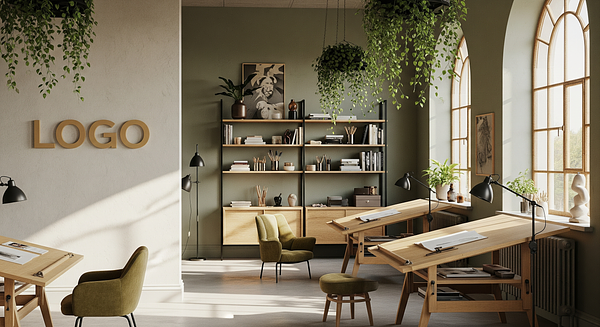 Verdant Brass Atelier Branded Virtual Office Background with Company Logo - Creative