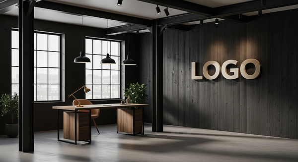 Midnight Cedar Consultancy Loft Branded Virtual Office Background with Company Logo - Consulting