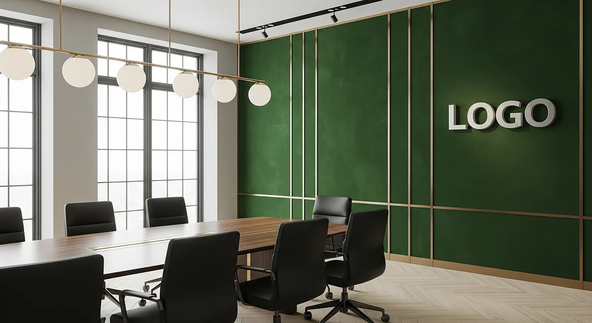 Verdant Velvet Boardroom Branded Virtual Office Background with Company Logo - Executive