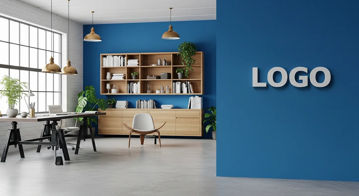 Cobalt Drift Design Loft Branded Virtual Office Background with Company Logo - Creative