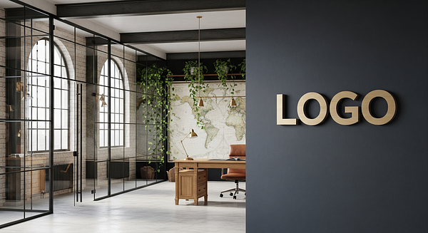 Verdant Glass Cartography Loft Branded Virtual Office Background with Company Logo - Creative