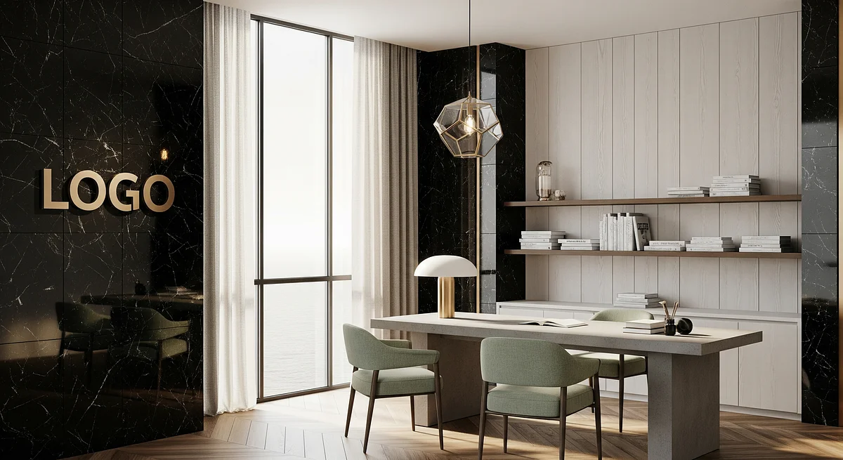 Obsidian Riviera Consultation Loft Branded Virtual Office Background with Company Logo - Executive