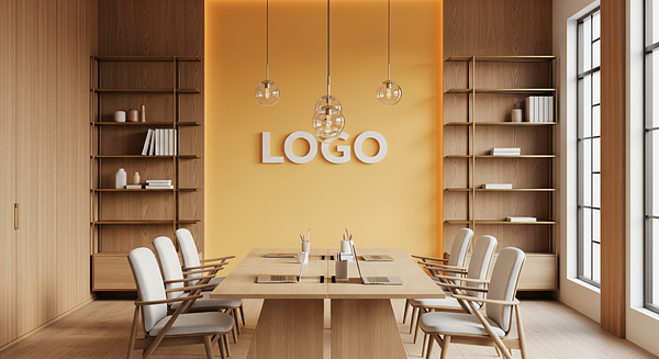 Saffron Teak Innovation Den Branded Virtual Office Background with Company Logo - Startup