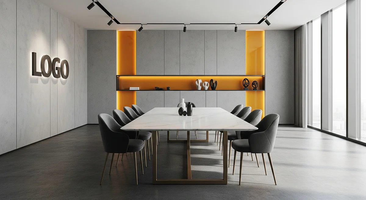 Saffron Quarry Boardroom Haven Branded Virtual Office Background with Company Logo - Executive