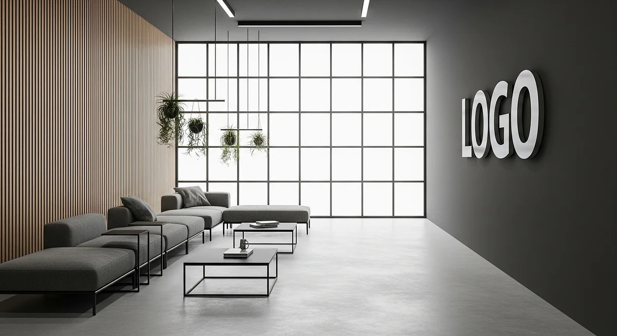 Graphite Oak Startup Lounge Branded Virtual Office Background with Company Logo - Startup