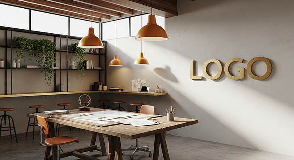 Saffron Walnut Workshop Branded Virtual Office Background with Company Logo - Creative