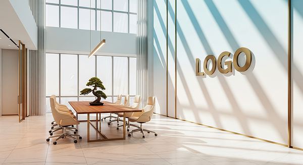 Marble Horizon Strategy Atrium Branded Virtual Office Background with Company Logo - Corporate