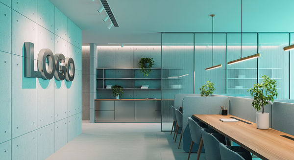 Example branded virtual background - Azure Quarry Innovation Bay style with company logo for professional video calls