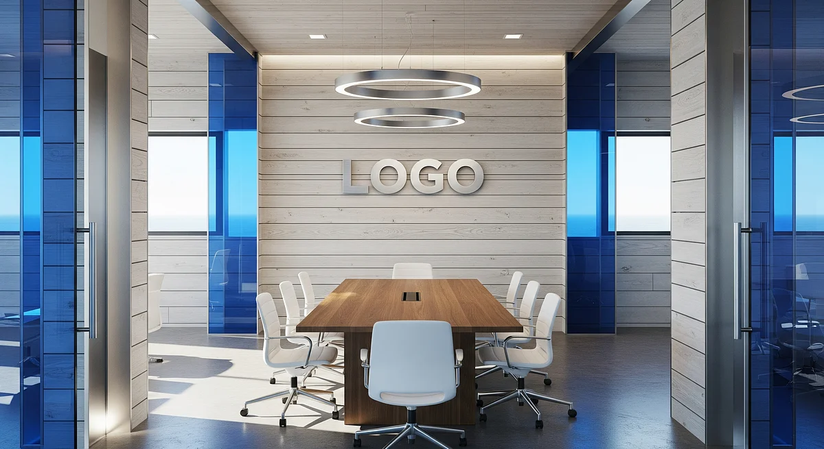 Sapphire Driftwood Collaboration Bay Branded Virtual Office Background with Company Logo - Corporate