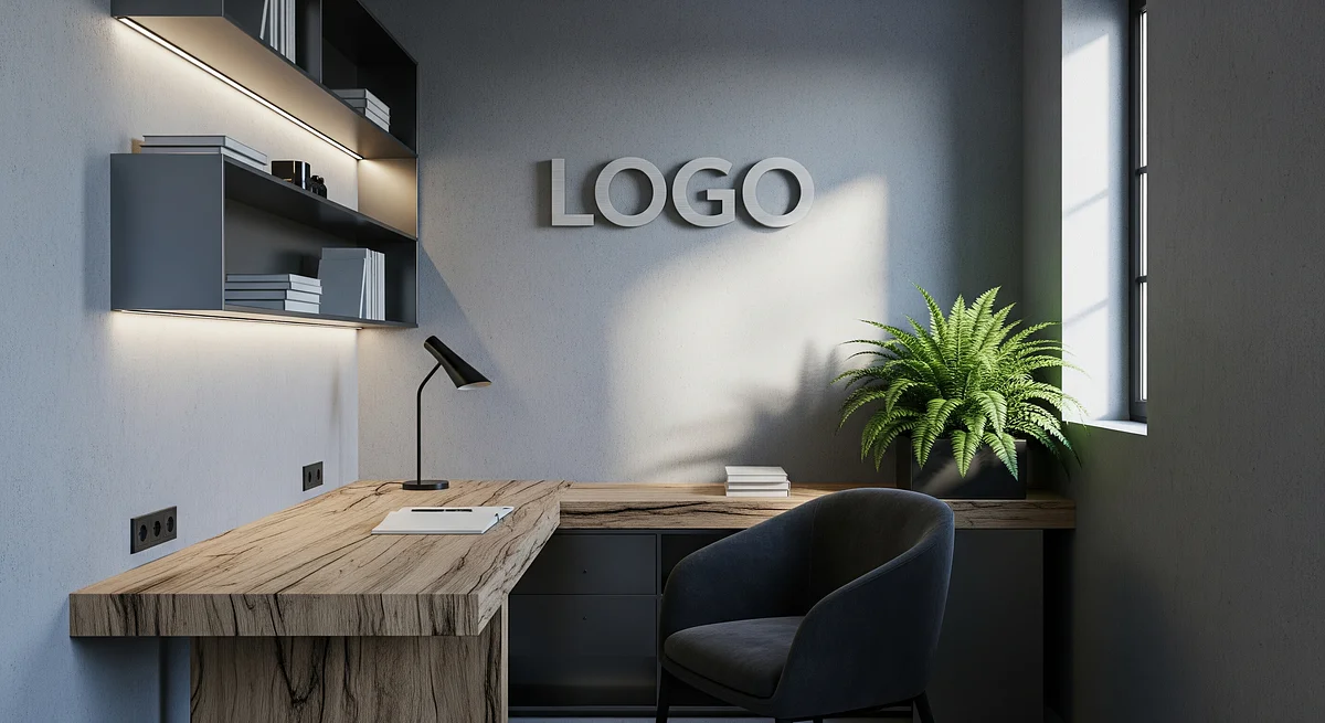 Driftwood Graphite Strategy Alcove Branded Virtual Office Background with Company Logo - Executive