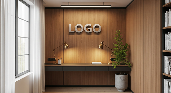 Cerulean Walnut Research Alcove Branded Virtual Office Background with Company Logo - Corporate