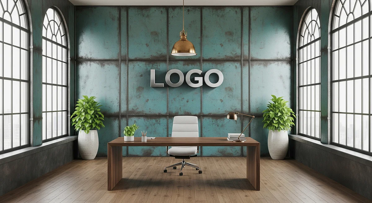 Verdigris Loft Atrium Branded Virtual Office Background with Company Logo - Executive