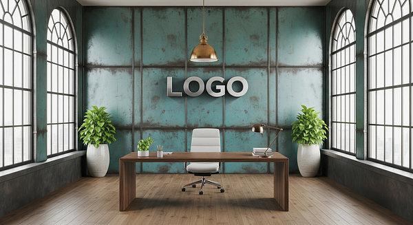 Verdigris Loft Atrium Branded Virtual Office Background with Company Logo - Executive