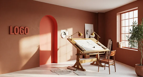 Sienna Coral Drafting Room Professional Virtual Office Background for Video Calls - Creative