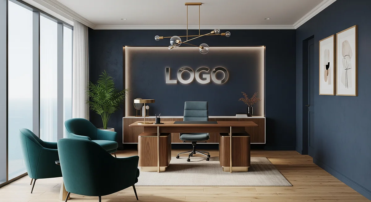 Maritime Velvet Innovation Den Branded Virtual Office Background with Company Logo - Executive