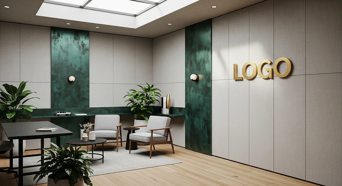 Verdigris Linen Innovation Alcove Branded Virtual Office Background with Company Logo - Corporate