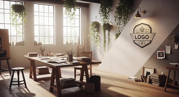 Sunlit Brass Orchard Studio Branded Virtual Office Background with Company Logo - Creative