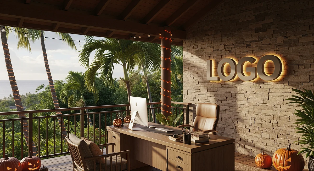 Hawaiian Halloween Office Branded Virtual Office Background with Company Logo - Seasonal