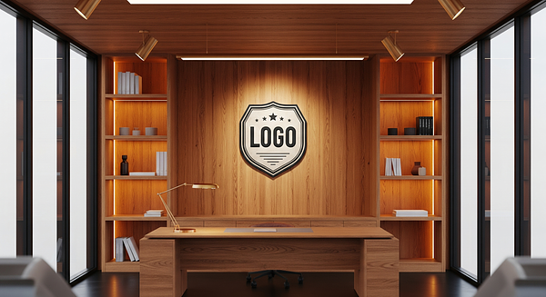 Amber Oak Horizon Loft Branded Virtual Office Background with Company Logo - Executive